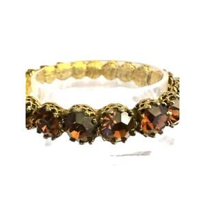 Vintage Mid Century Amber Brown Rhinestone Bracelet Gold Tone Statement Bangle